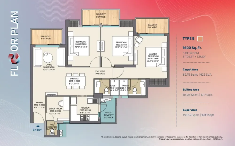 Nirala Trio 3 BHK + Study Residence floor plan